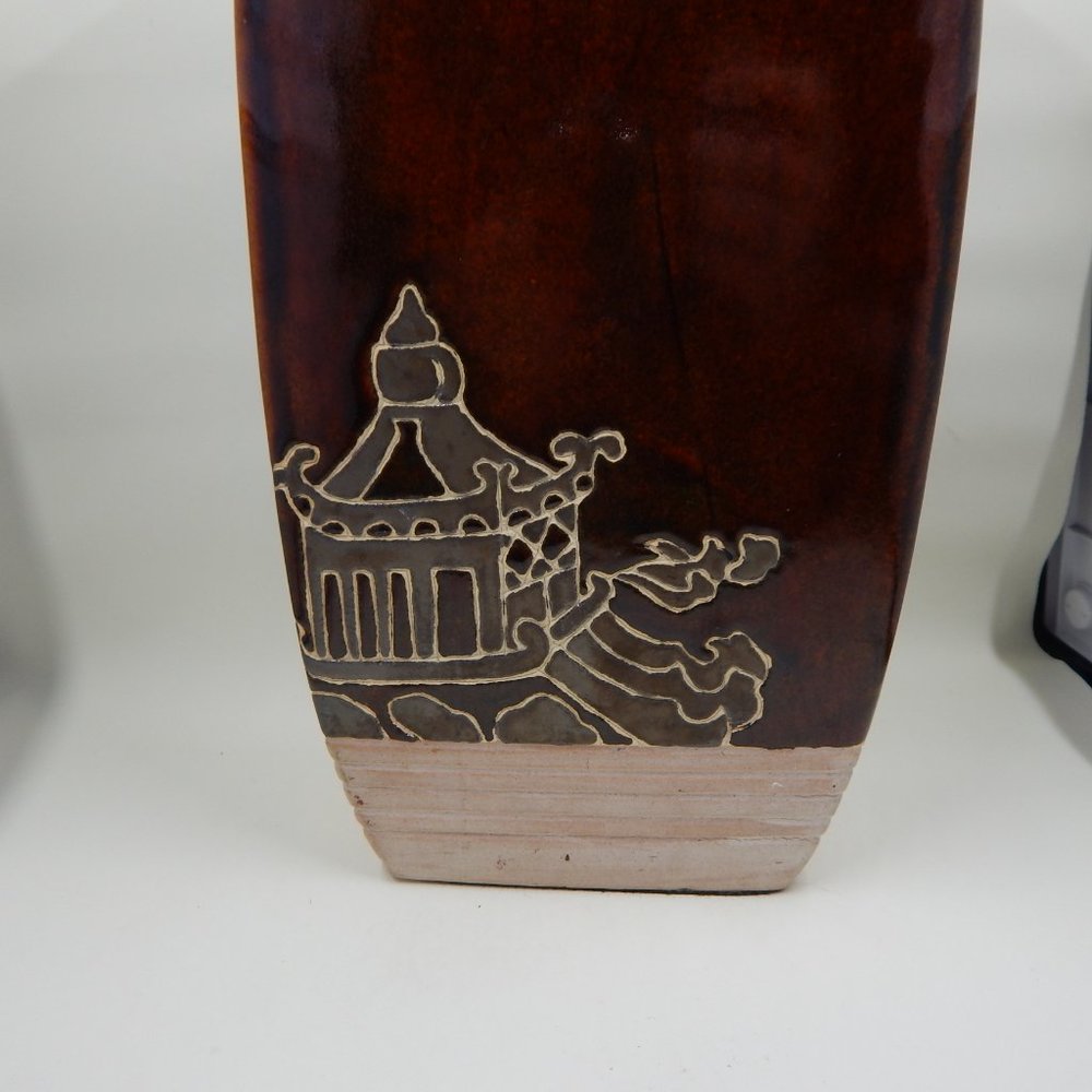 Pier 1 Imports Brown Glazed Vase Embossed Pagoda Detail Ceramic Pottery MCM - Picture 5 of 7